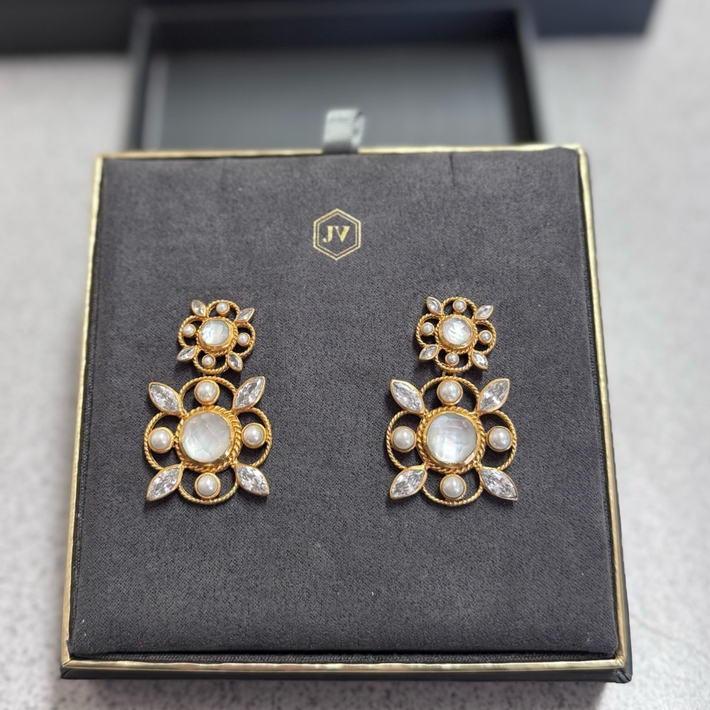 Julie Vos Monaco Statement Earrings in Iridescent Clear Crystal w/Pearl Accents